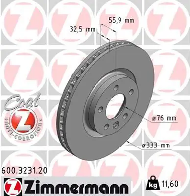ZIMMERMANN  600.3231.20 Ön Fren Aynasi Vw Trasnporter T5-Multuvanm V (333x32.5x5dlxhavali) (17 Jant) 986479096-Df4309s 7H0615301E 7H0615301F