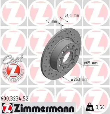ZIMMERMANN  600.3234.52 Arka Fren Aynasi Golf V-Vi-Octavia 04>toledo Iii Altea 04>leon 04>caddy Iii A3 03>(255x10x9dl) (Delikli)-986479099-Df4276 1K0615601K 1K0615601AB