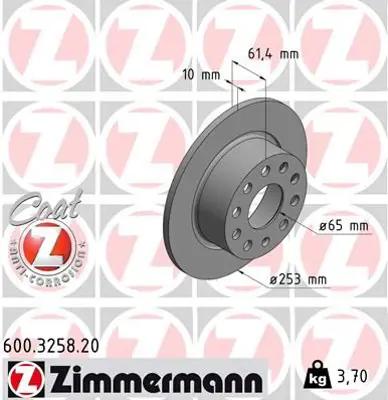 ZIMMERMANN  600.3258.20 Fren Diski Arka Skoda Octavia Iii 12>20 (253x10x61.4) 5Q0615601C