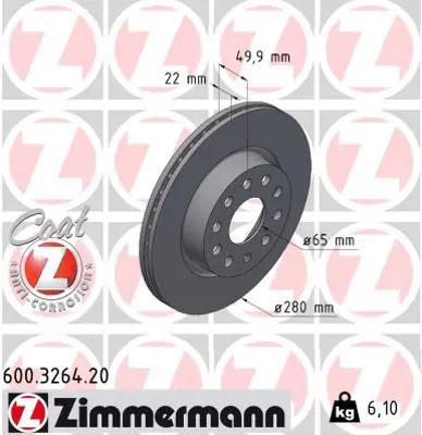 ZIMMERMANN  600.3264.20 Ön Fren Aynasi Golf V-Vi-Jetta Iii-Iv-Caddy Iii-A3 03>leon 05>toledo-Octavia 04> (280x22x9dlxhavali) 986479098-Df4294 1K0615301S 1K0615301AC 1K0615301AK