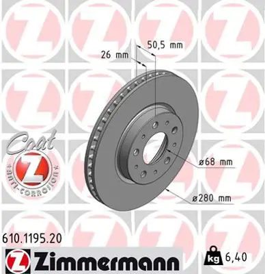 ZIMMERMANN  610.1195.20 Ön Fren Aynasi Volvo 850 (91-97)-S70-C70-V70-960-2.0-2.5-2.5 20v-2.5tdi 97=>(280x26x5dlxhavali)  986478603-Df2671 271788 31262092 272312
