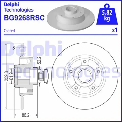 DELPHI 1987481707 Arka Fren Diski Renault Megane Iv 15> (Diş Cap: 260 Mm K:86 Mm 5 Delik) 432000185R BBD6149S MDC2795C R1076PRCA BDC6165 6213800 92291003 DF1432A 986479684 8B39137
