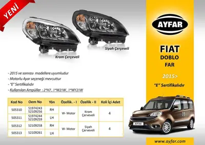 AYFAR 594541 Far Sol Krom Çerçeveli Fiat Doblo 15> 51974244 1639961 1639961M 3486183 52086862 52109259 712105001120 20430123A1 390467 6611172LMLDEM2