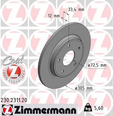 ZIMMERMANN JTS419 Arka Fren Diski Fiat Freemont 11>15 Chrsyler Grand Voyager 08> Dodge Journey 08> 4721677AA DDF1808CD 8N12311 17994 92181005 1421803 4721996AB 6139400 DF8024 8DD355129001