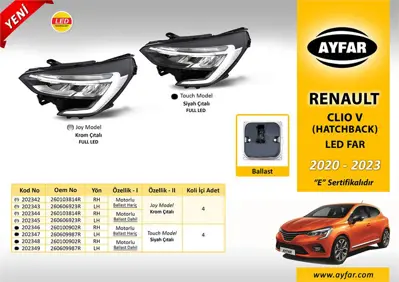 AYFAR 202346 R.Clio V Hatcback 2020-2023 Far Siyah Citali Motorlu Sag  Ballast Beyin  Haric Touch Model 260100902R