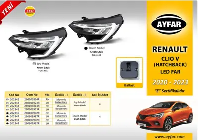 AYFAR AY.202346 R.Clio V Hatcback (2020›2023) Far Siyah Çitali Mot (Ballast Beyin Hariç Sağ 260100902R