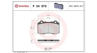 MAGNETI MARELLI 363700424073 Brembo Balata Ds3 On 1230725 182117 222572 13046048322 1329156 2M502K021AA 1230732 2M5J2K021BA 604832 P24073