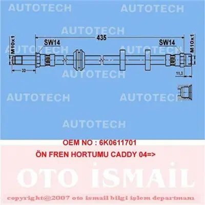 İthal TVC02 Fren Hortumu On 04> Caddy 1K0611701 PHD1014 1K0611701H 1K0611701D 565E851E1 T85112 PHD678 172667B 8AH355468241 F5482