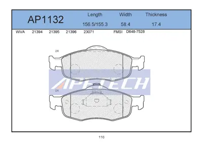 APETECH AP1132 Fren Balata On 93> Mondeo 1096942 190643 1170273 BPA043200 LP782 PD3023 93BX2K021AA T1062MM 13046070572NSETMS 6882584