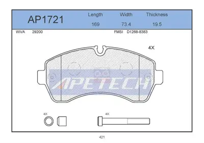 APETECH AP1721 Fren Balata On 06> Crafter-Sprter Cıft Teker Hz 44208220 2E0698151A 2920020714 7820 HP7798 PAD1514 BL2012A4 2920001 252920020 P50059