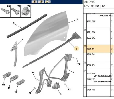 PSA 9309.T4 Sol Kapı Cam Dış Fitil  9309.T4