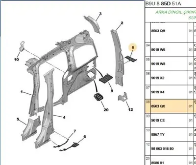 PSA 8503.QX Sol Arka Direk İç Sac 8503QX