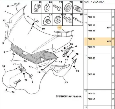 PSA 7966.15 Sağ Kaput Üst Çita 796615 VKJC4208 C118L 250023 32728J 3272W5 VKJC3525 16343 655004 T18