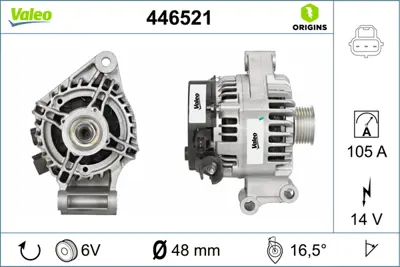 Valeo  446521 Alternatör 14v 105a Fiesta V-Fusion 1.25-1.4-1.6 1... 1144185 1305962 1126499 1022118050 98AB10300GL 1022118354 YS4D10300AD 1022118052 1022118355 98AB10300GJ