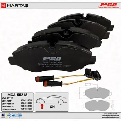 MGA 55218 Ön Fren Balatası Tek Teker Vw Crafter 06-16 Mercedes Sprınter 06-16 A0054205220 A0054202120 A0044208320 A0044206720 2E0698151E 2E0698151B 2E0698151 9064210400 9064210010 54205220