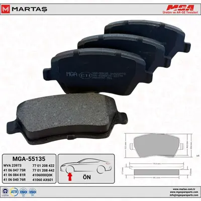 MGA 55135 Fren Balatası On Clıo Iıı Duster Dokker A4154210510 4154210510 D1060AX60A D1060AX61A D1060AX61F D1060AX60F D1060BH40A 41060AX601 41060AX625 41060AZ625