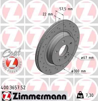 ZIMMERMANN 400.3657.52 Fren Diski Arka Mercedes W204 S204 C207 A207 A0004231212 18152033105 V941 4231212 2044230712 BG4226 1421363 BS7255HB 92163600 BS7255