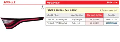 MARS 511266 Stop Lamba Sol (Ic Unite ) Renault Megane Iv 2016 265555594R