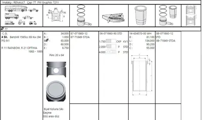 FEDERAL MOGUL 46345700G Gömlek R9-R19-R21 Optima-Fairway 1,6 Std (Cl2) (77,00mm) 