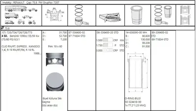 FEDERAL MOGUL 46383900G Gömlek R19-R9-Clio-Expres-Megane-Kango 1,4ie Std (E6j-E7j) (75,80mm) 