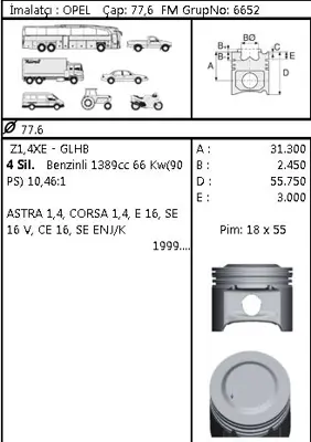 FEDERAL MOGUL 8771666STD000G Piston-Segman Astra G/Corsa B 1,4 16v Std 66kw 90 Ps 77,60mm  Z14xe 
