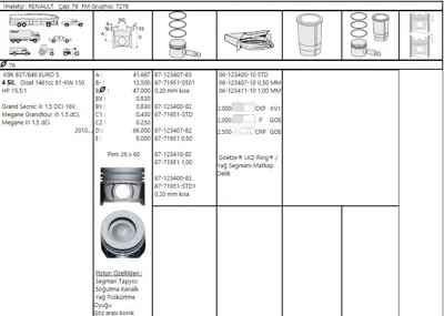 FEDERAL MOGUL 8771951STD100G Piston-Segman Megane Iii-Fluence-Scenic 1,5dci-16v-110hp Std (K9k-Euro5) (76,00mm)  (0,20 Kisa) 