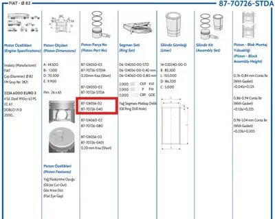 FEDERAL MOGUL 877072604010AG Piston-Segman Doblo 1,9d 040 (82,00mm) 020 Kisa 