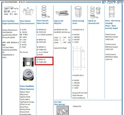 FEDERAL MOGUL 8772180050000G Piston-Segman T5 03-09/Touareg 03-10 2,5tdi 050 5 Silindir 3-4-5 Piston 81,01mm Axd Axe Bac Blj Blk 