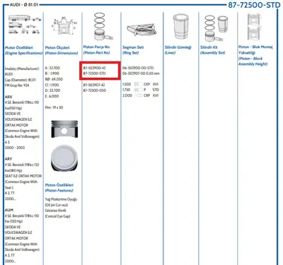 FEDERAL MOGUL 8772500STD000G Piston-Segman Passat-Octavia-Bora 1.8 Benz. Std (Awm/Awp/Aux) 