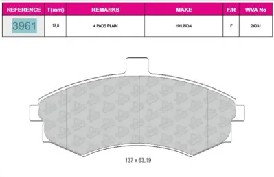 İthal 3961 Ön Balata Elantra 00-04/Matrix 01-10/Sonato 01-05 2,5 