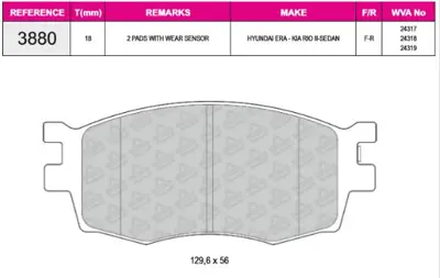 İthal 3880 Ön Balata Accent Era 06-12/Rio 06-12/I20 09-12 1,4gl-1,5crdi-1,6gls (Esp Li Araclar Icin) 