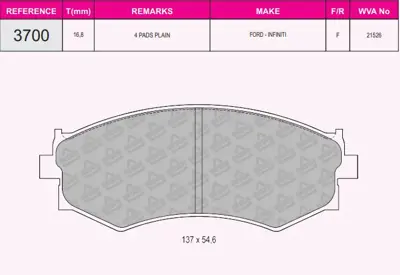 İthal 3700 Ön Balata Elantra 91-00/Sonata 90-02/Altima/Magentis 01- 2,0/Rexton 08- 2,7 