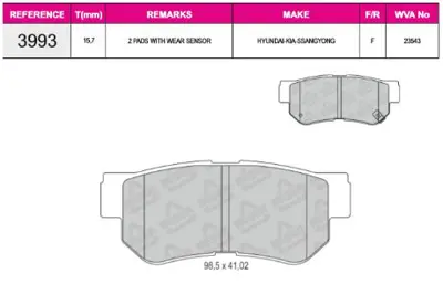 İthal 3993 Arka Balata Accent Blue/I10/I20/I30/I40/Tucson/Elantra/Sonato/Rio/Cerato/Soul/Optima/Actyon/Korando 