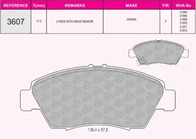 İthal 3607 Ön Balata Civic 96-01 1,6/Civic 91-95 1,5-1,6/Crx 92-95 