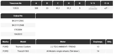 YAVUZSAN 13533 Ön Fren Diski Tourneo Custom-V362-V363 14- 2.2tdci (Arka Tek Teker-Önden Çeker) (308x33x5dl) Ad. 101000026AB