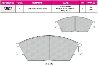 İthal 3502 Ön Balata Accent 1,3-1,5 94-00/Getz 99-02/Excel-Admire 00-05 
