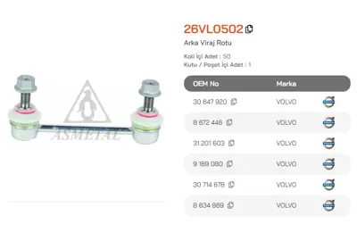 ASMETAL 26VL0502 Z Rot Xc90 02->/Xc70 00->/V70 96->/S80 98->/S60 00-> (Kisa Tip) 2679301 JTS438