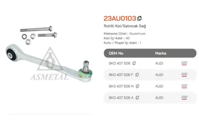 ASMETAL 23AU0103 Rotilli Kol A4 08-15/A5 09-16/A6 10-18/Q5 10-17/Macan 14-18 Üst Düz Sag 3389302 G5797 JTC1180 TC2451