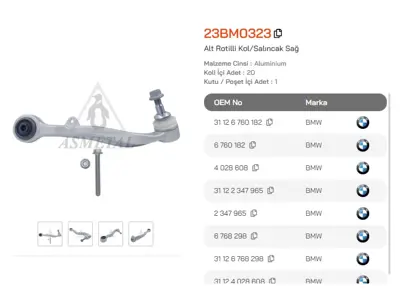 ASMETAL 23BM0323 Rotilli Kol Bmw 5-Seri 03-10 E60-E61 Ön Alt Sag 20929243 20929544 20940362 2713902 29243 29544 3160500018 40362 49398753 7476027 821059810 831082 B678 G5708 JTC1144 L11537 TC1393 TRC0915