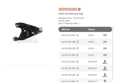 ASMETAL 30RN5561 Salincak Dokker 12->/Logan 12->/Lodgy/Clio Iv 13-> Sag 16160500066 4266201 4509007 49399786 701194 7474035 L25575 R788
