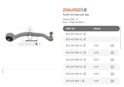 ASMETAL 23AU0223 Rotilli Kol A4 04-> Sag Alt Ön-Arka Egri 1105125 110756 1160500073HD 2985601 30931281 31281 A628 BSG90315033 G5842 JTC1314 TC1957
