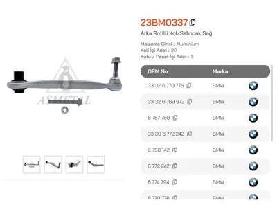 ASMETAL 23BM0337 Denge Kolu Bmw 5-Seri E39-E60/7-Seri E65 Arka Üst Sag Rotilli Egri 1205070 20928294 20940364 26716 2719302 28294 31146 40364 49398944 501210 7476443 B669 BSG15315024 G5723 JTC1121 TC2953