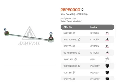 ASMETAL 26PE0900 Z Rot P207 06->/P208 12->/P301 12->/C-Elysee 12->/C3 Picasso 09->/P2008 Sag 3066802 JTS556