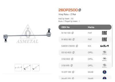 ASMETAL 26OP2500 Z Rot Vectra C/Signum 03-/Croma 05-/Saab 9-3 02-> 206315 22379 2773002 40922379 G7879 JTS462 TC2085
