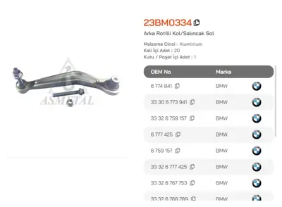 ASMETAL 23BM0334 Denge Kolu Bmw 5-Seri E39-E60/7-Seri E65 Arka Üst Sol Rotilli Egri 20928291 20940367 28291 3160500054 3446501 40367 501211 821016010 B675 G5718