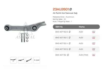 ASMETAL 23AU2601 Rotilli Kol A4/A5 2.0/3.0 Tdi/Tfsi Quatro Sag Alt 