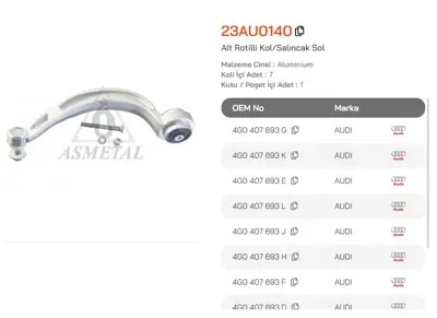 ASMETAL 23AU0140 Rotilli Kol A6 11->/A7 10-> Ön Alt Sol (Egri) 