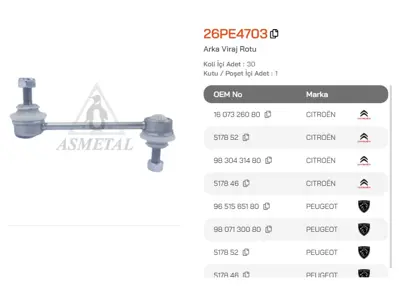 ASMETAL 26PE4703 Z Rot P407/C6/P508 Arka 11160600016HD 27489 2957601 2957602 62927489 G71060 JTS467 L28613 TC1374
