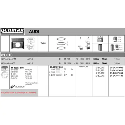 YENMAK 4307-100 Pıston+segman Audı Volkswagen Øa3,A4 - Passat,Golf Iv, Golf Iıı,Polo,Vento,Leon,Bora Adp - Aeh - A 