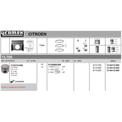 YENMAK 4112-050 Motor Pıston Segman (74,20mm) - (0,50 Farklı) C3 Dv4ted4 (1,4hdı 16v) 628N8